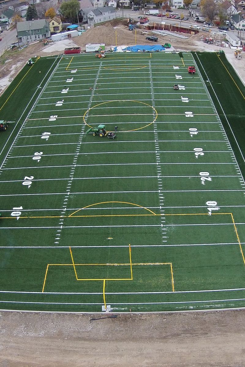 Aerial view of a new turf athletic field